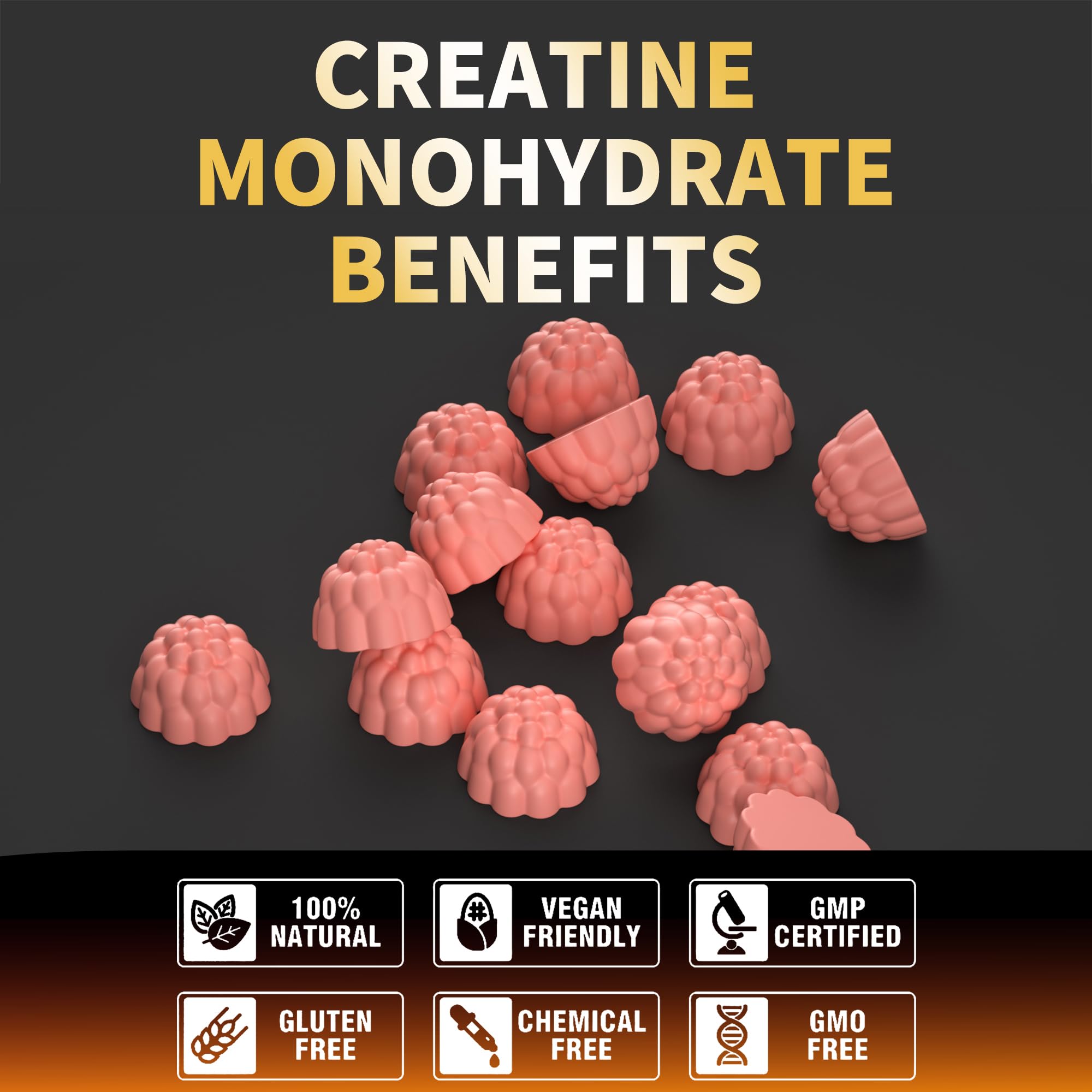 Serving illustration showing 4 gummies equal 5g of creatine per serving