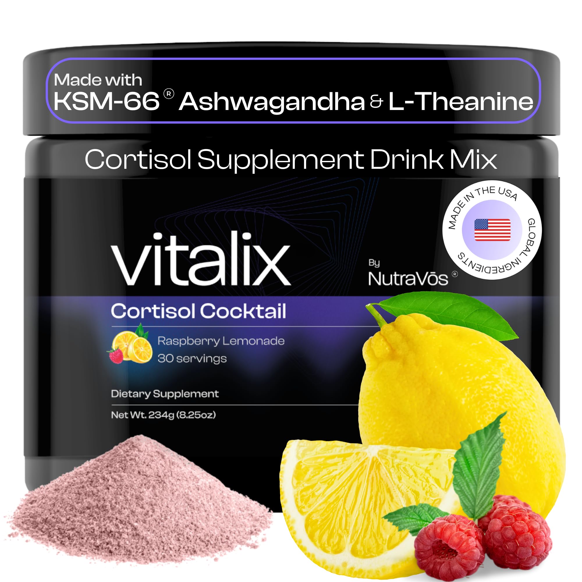 NutraVōs Vitalix bottle with raspberry lemonade label for daily cortisol support.
