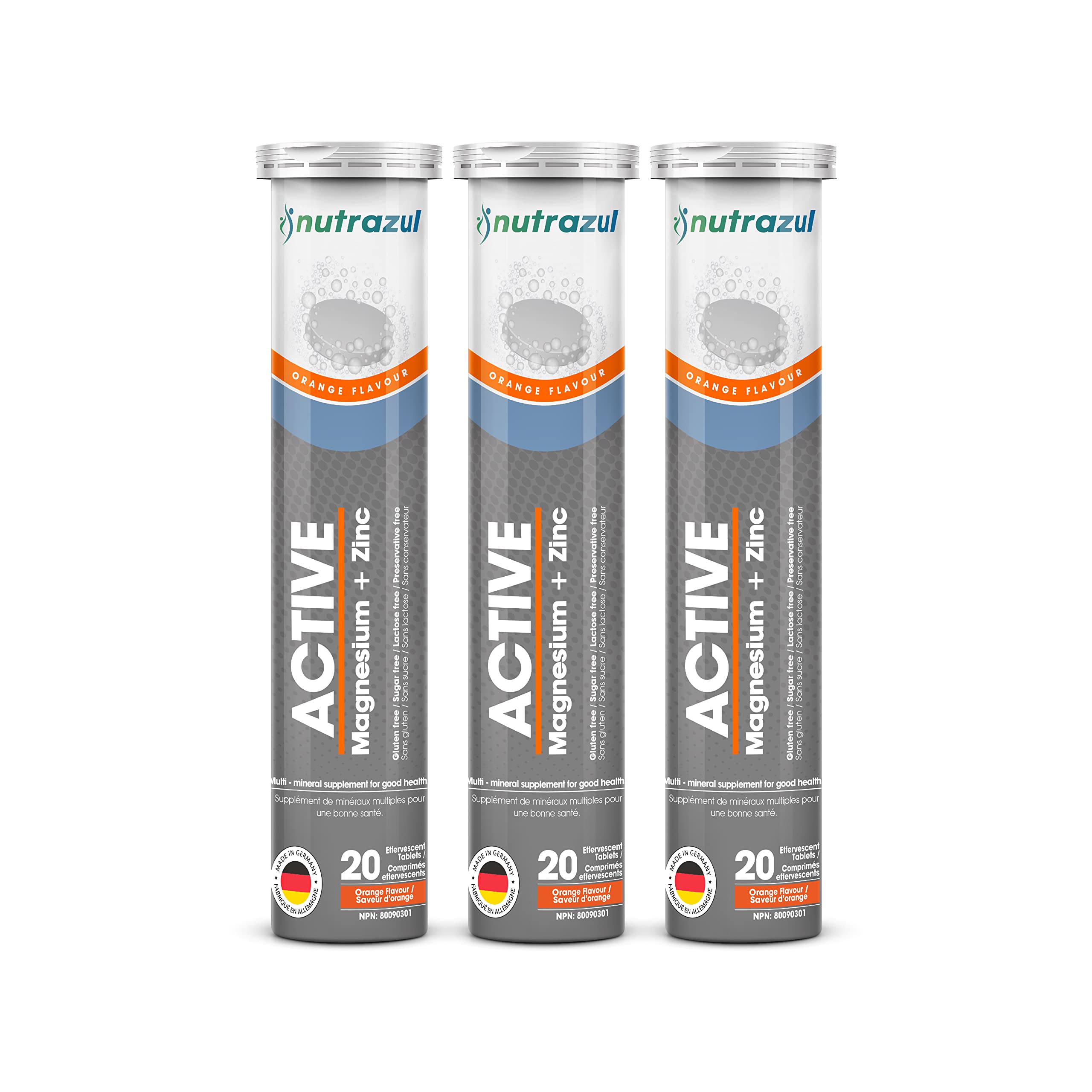 Nutrazul Active Magnesium & Zinc Effervescent Tablets orange flavor - bottle with 60 tablets