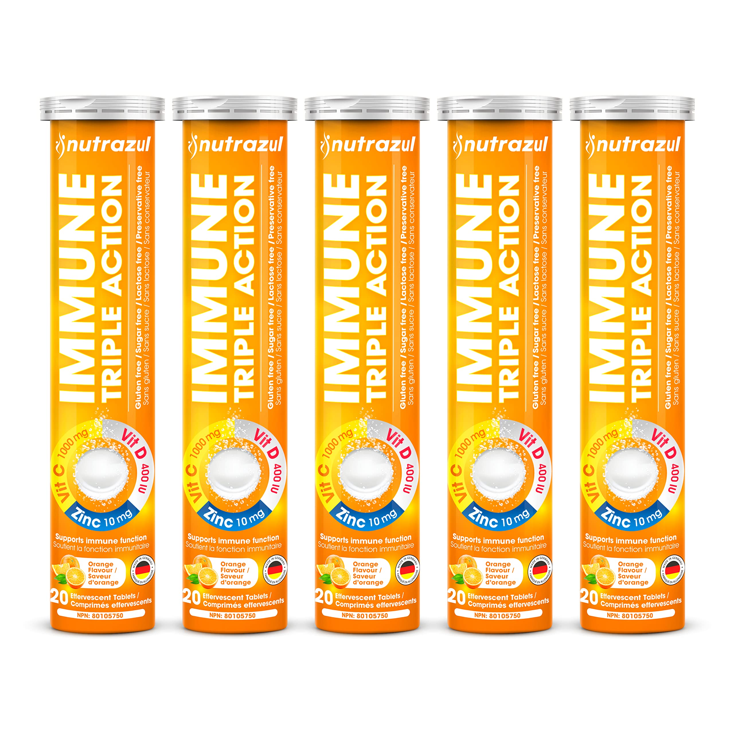 Front view of Nutrazul Immune Triple Action Orange Flavored Tablets package