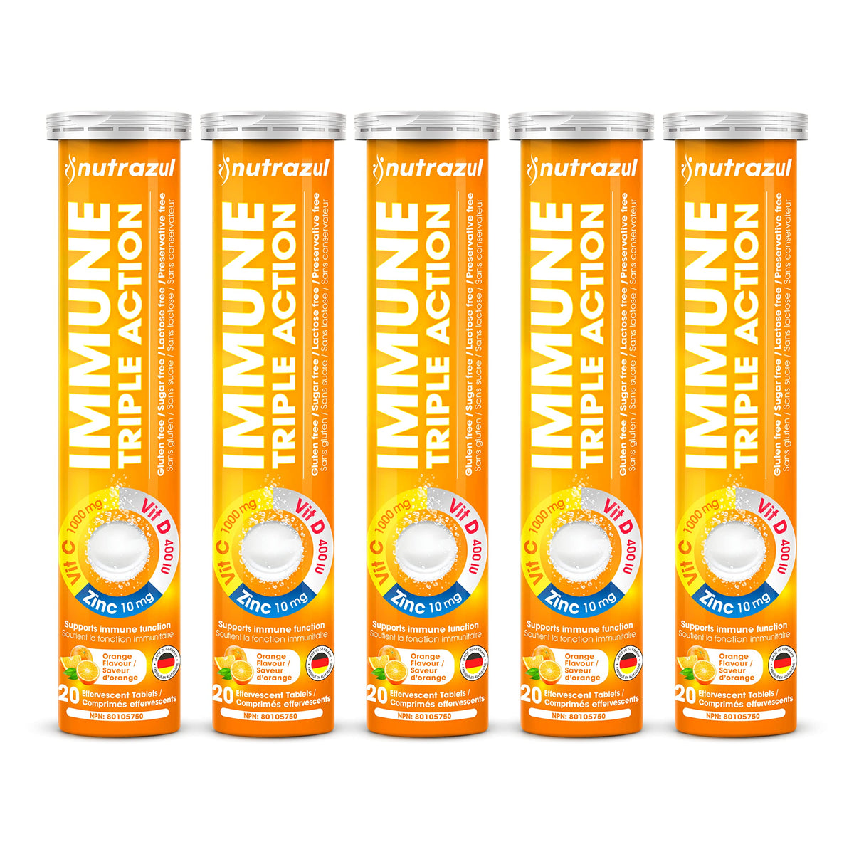 Front view of Nutrazul Immune Triple Action Orange Flavored Tablets package