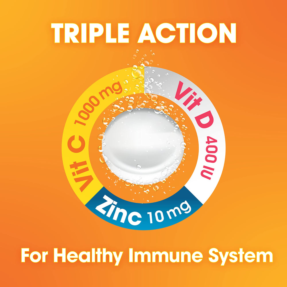 Nutritional panel showing Vitamin C 1000 mg, Vitamin D 400 IU, and Zinc 10 mg