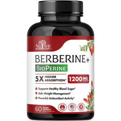 Nutreb Berberine 1200mg bottle with 98% purity and 5X absorption for daily wellness.