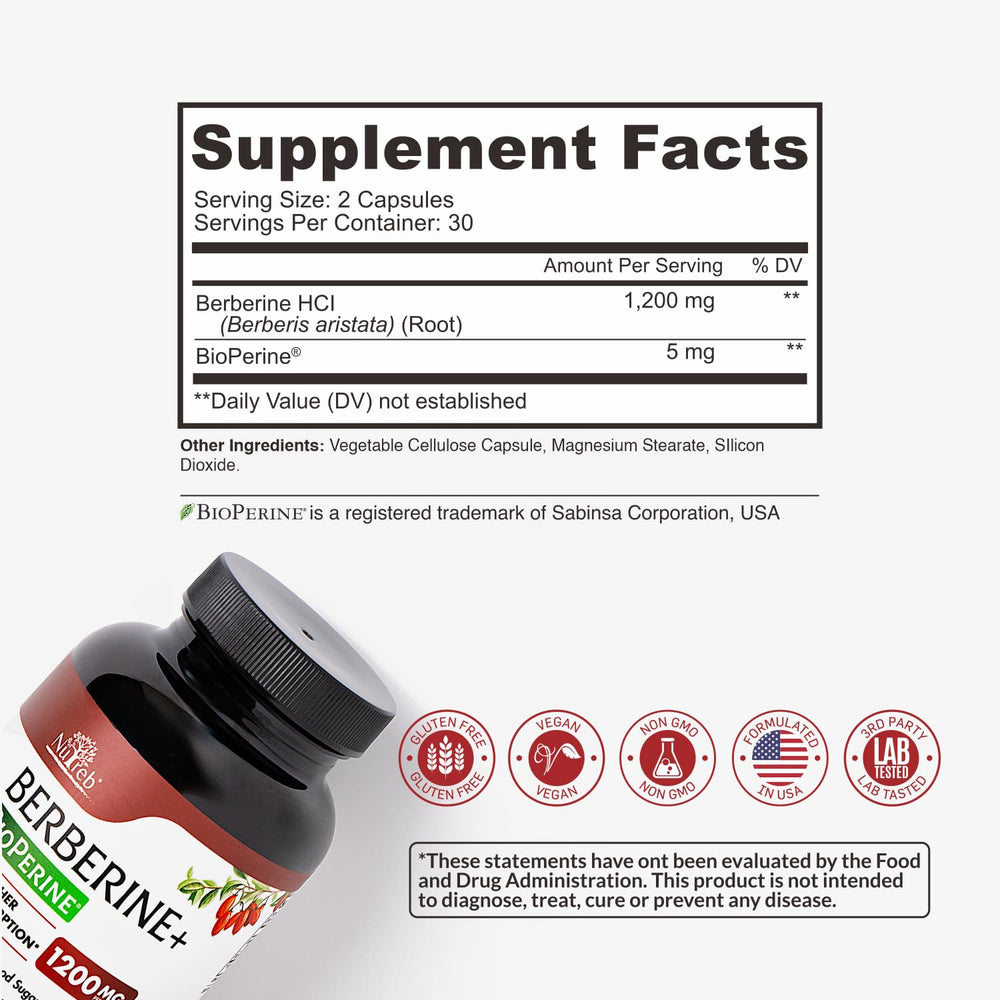 Nutreb Berberine vegan capsules as a GMO-free daily supplement option.