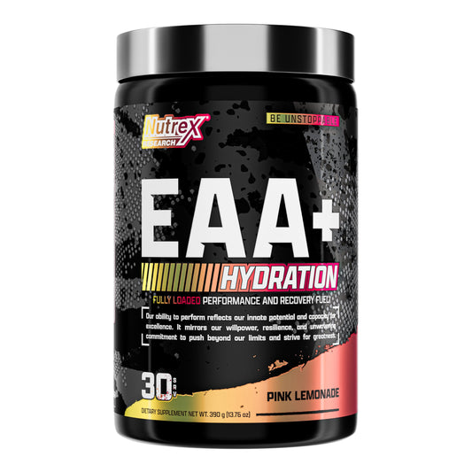 Nutrex EAA Hydration Pink Lemonade tub label close-up