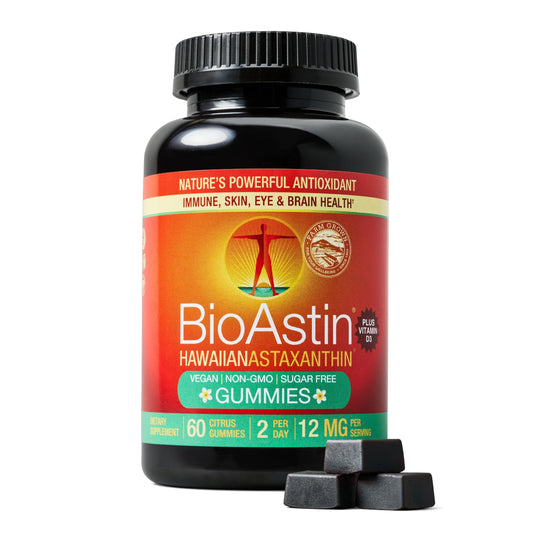 Front view of Nutrex Hawaii BioAstin Hawaiian Astaxanthin bottle with 60 gummies