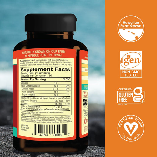 Nutrition label and side view of BioAstin bottle
