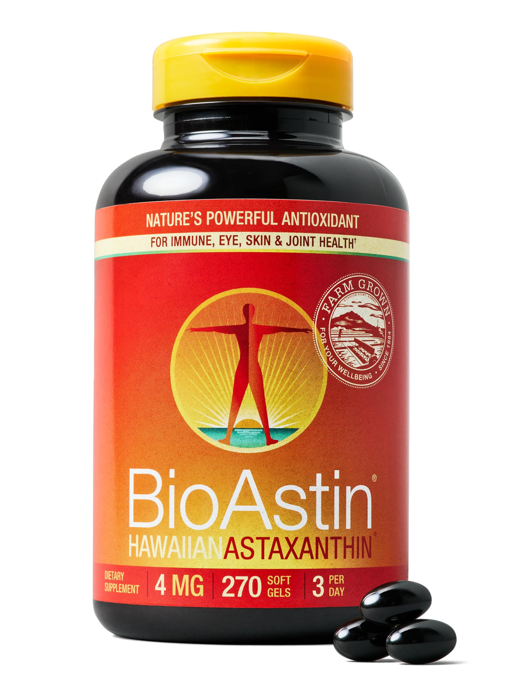 Nutrex Hawaii BioAstin bottle front for daily antioxidant support for eyes, skin, and joints