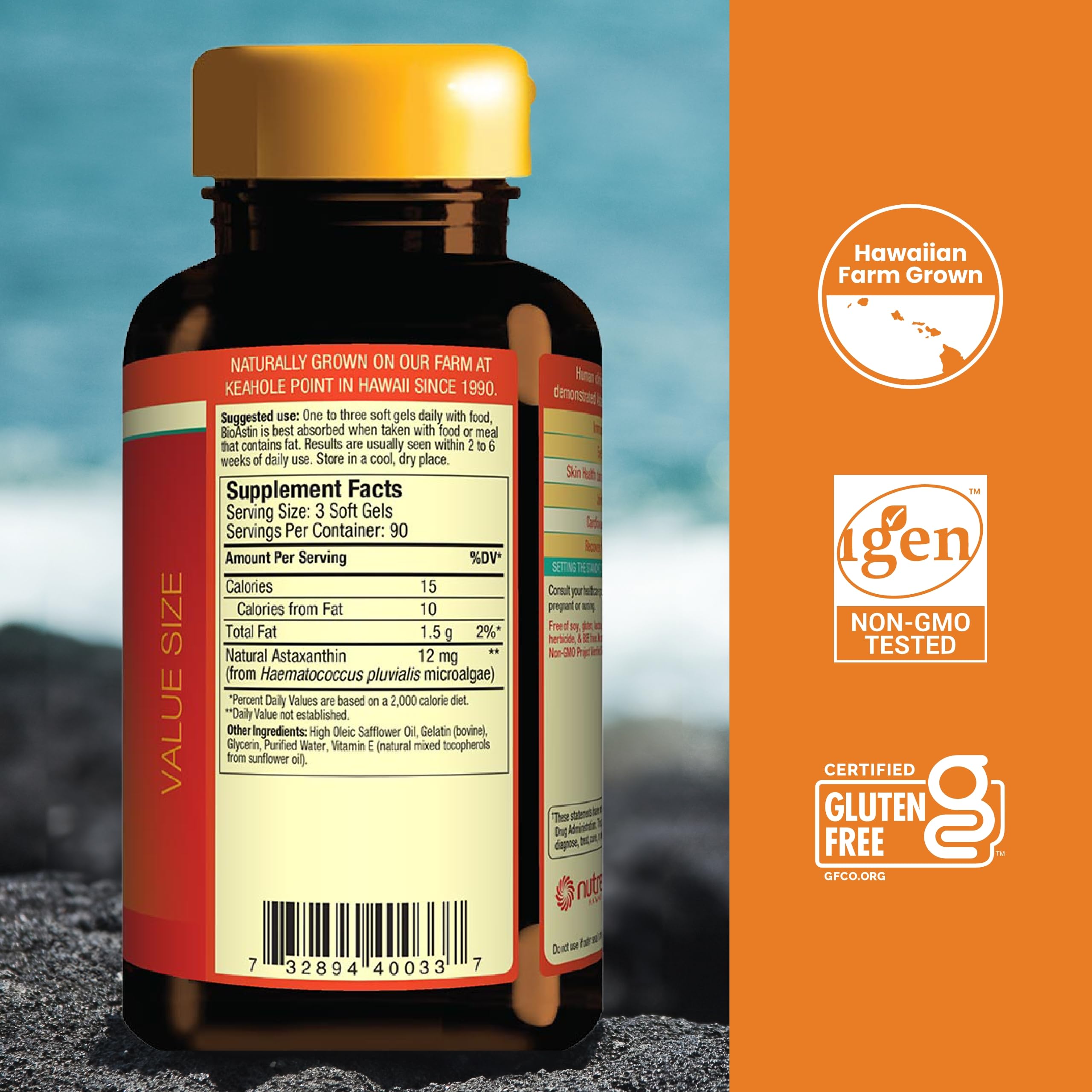 BioAstin softgels close-up highlighting natural Hawaiian astaxanthin source and potency