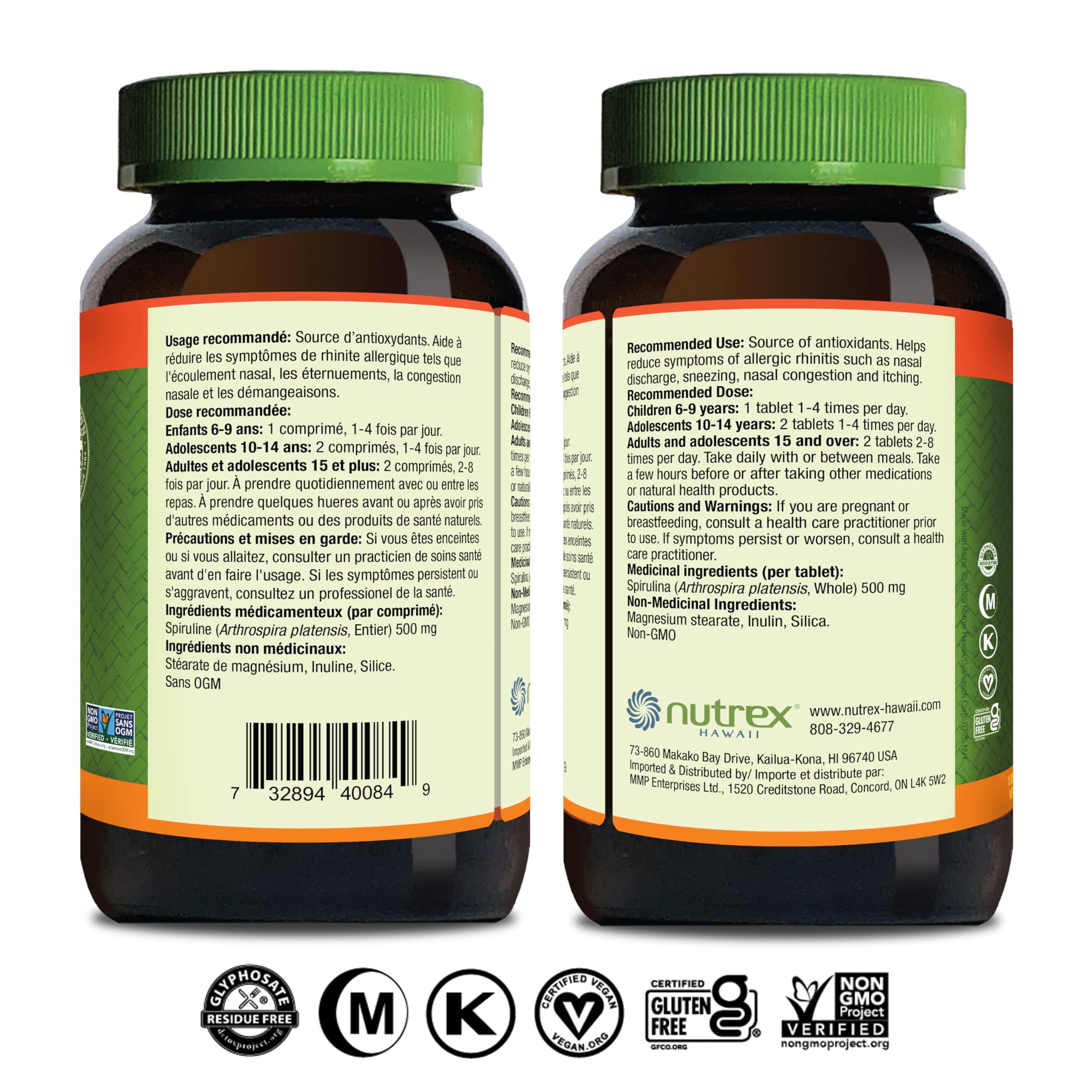 Ingredients information for Nutrex Hawaii Spirulina 500 mg