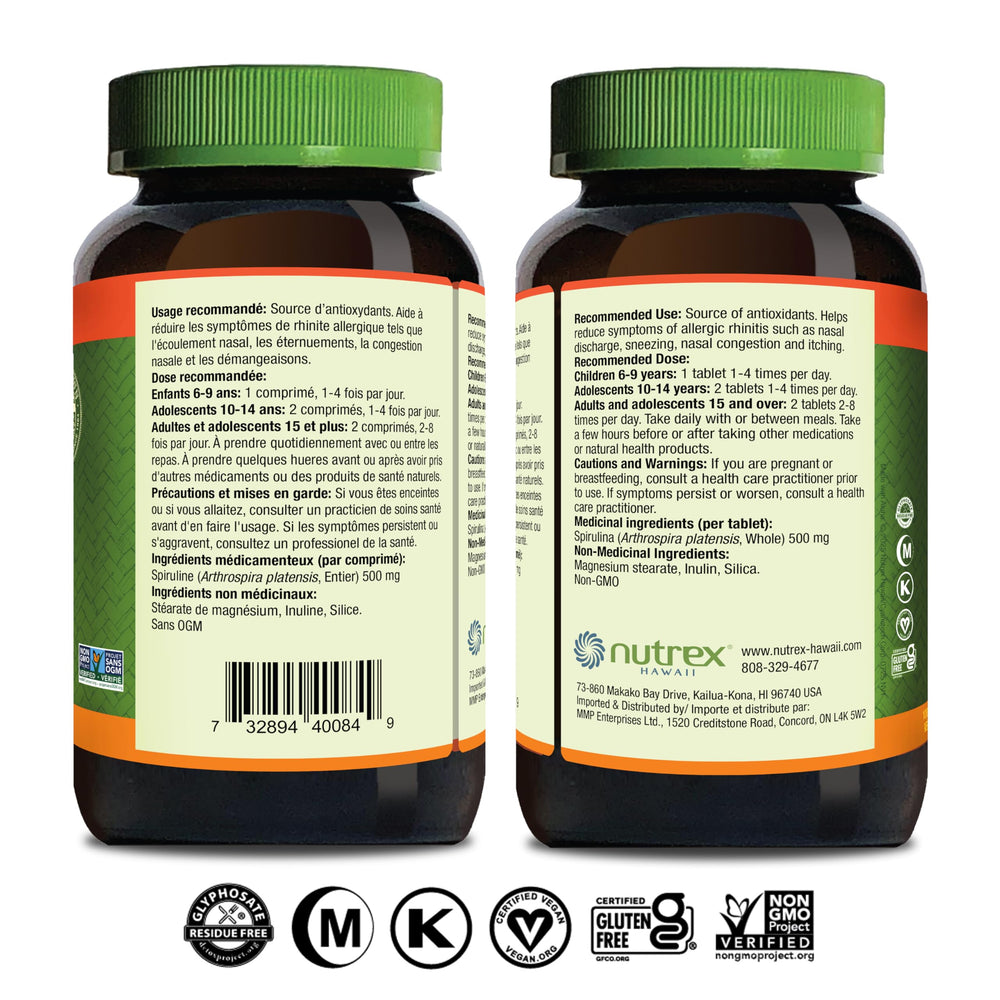 Ingredients information for Nutrex Hawaii Spirulina 500 mg