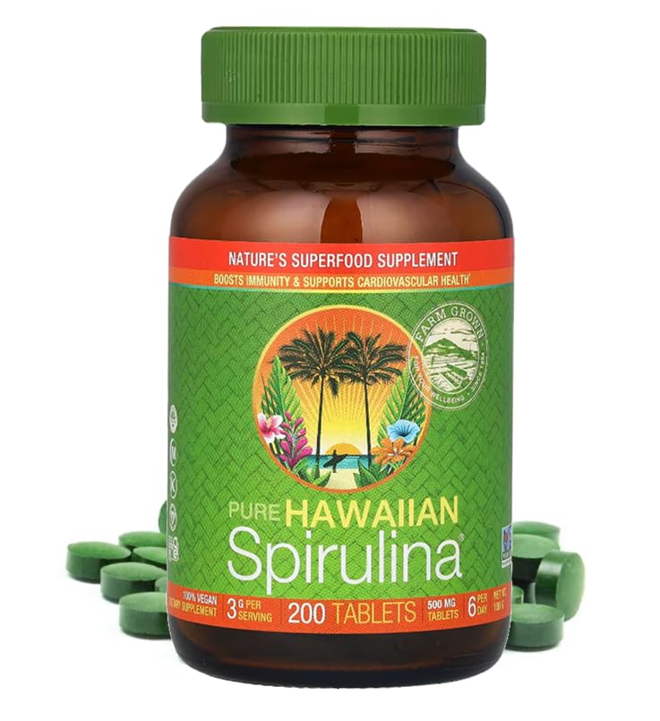 Close-up of product label on spirulina bottle