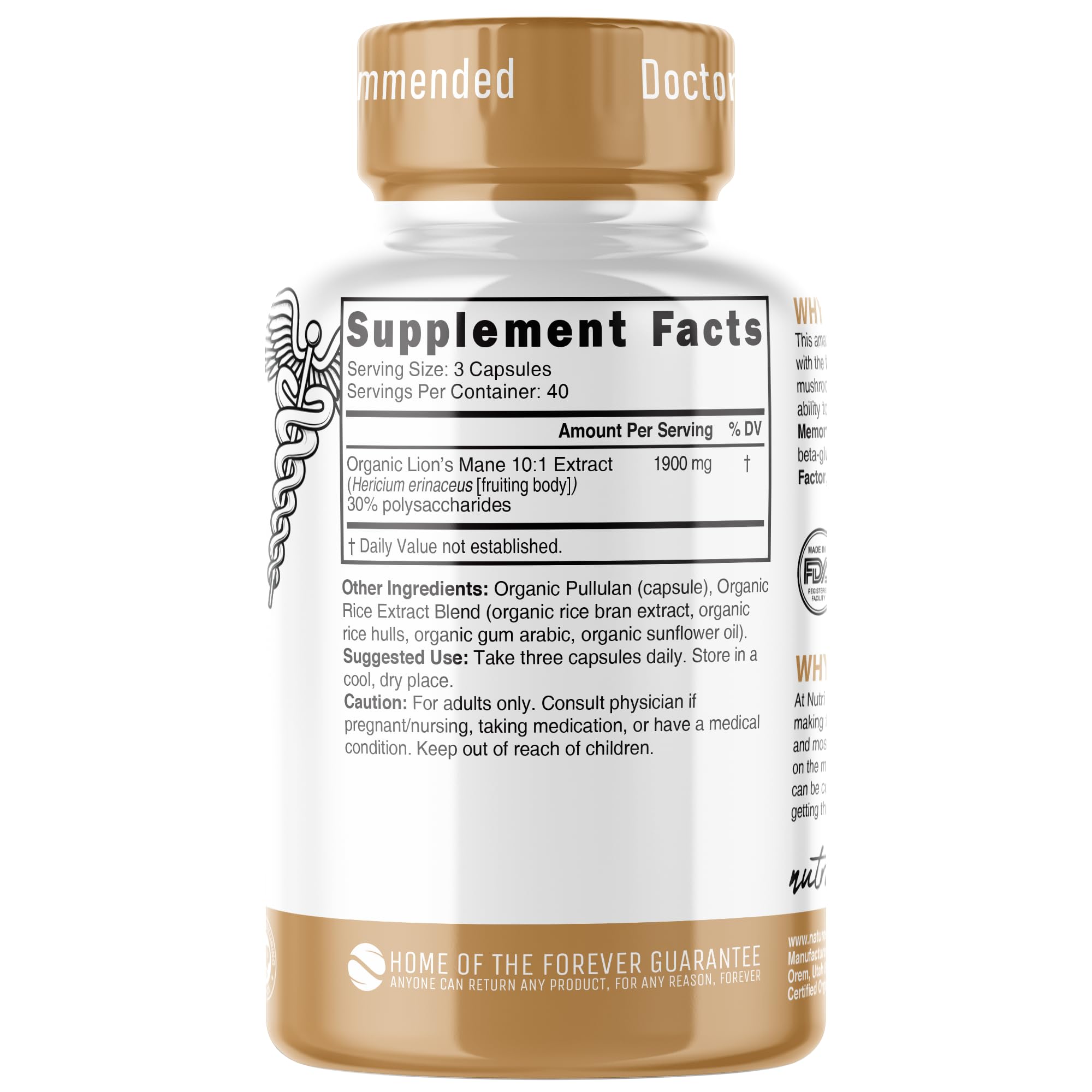 Front view of Nutri Organic Lion's Mane capsules bottle showing 1900 mg 10:1 dual extraction