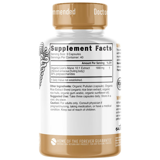 Front view of Nutri Organic Lion's Mane capsules bottle showing 1900 mg 10:1 dual extraction