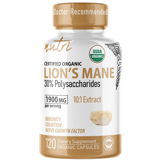 Nutri Organic Lion's Mane supplement bottle with 120 capsules