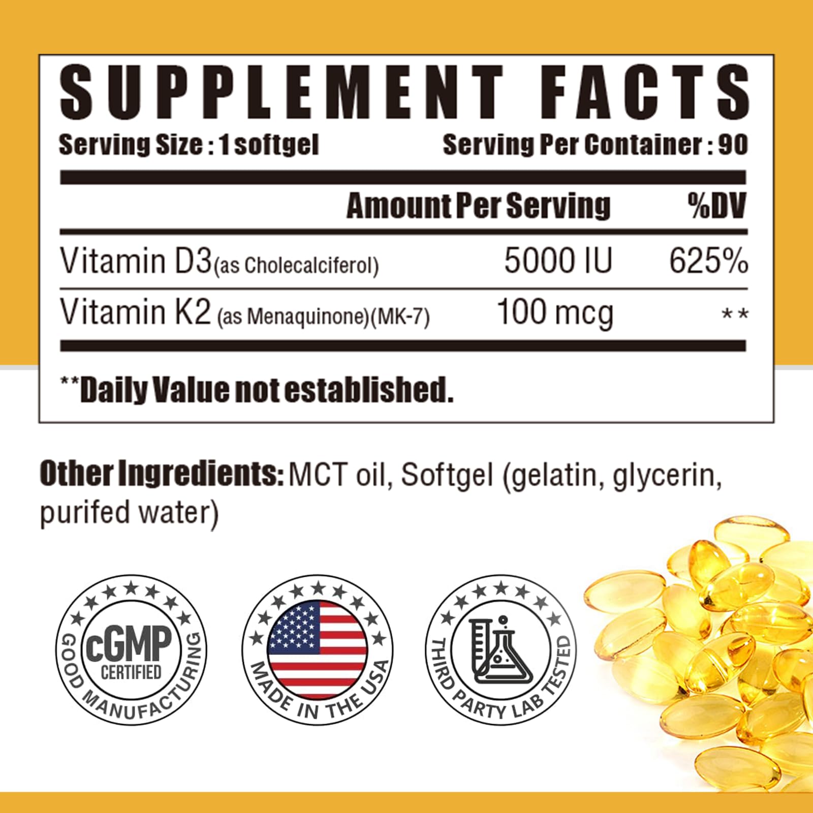 Close-up of Vitamin D3 5000 IU and Vitamin K2 100 mcg MK-7 softgels