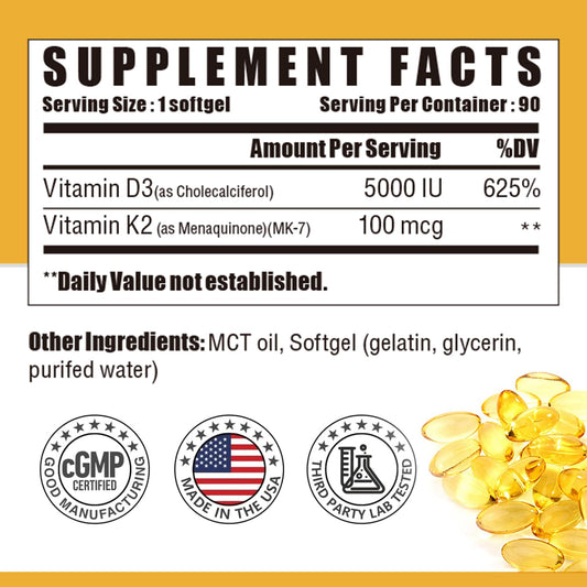 Close-up of Vitamin D3 5000 IU and Vitamin K2 100 mcg MK-7 softgels
