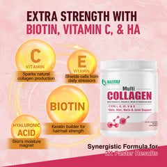 Vitamin C and Vitamin E supplements beside collagen powder