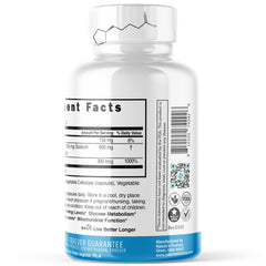 Close-up of ingredients label on Nutri R Alpha Lipoic Acid 600mg bottle