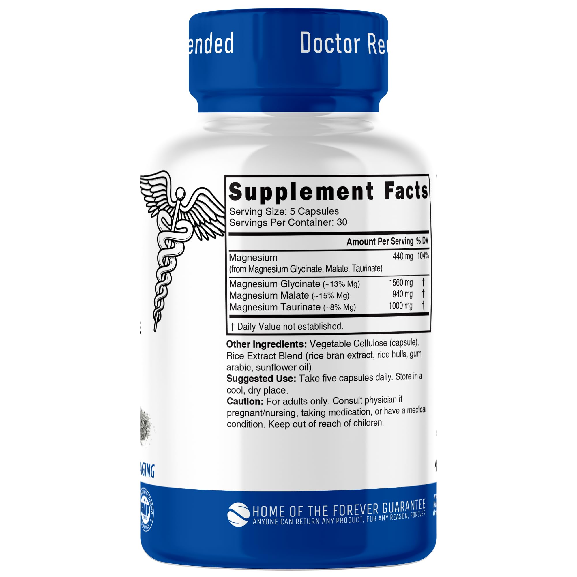 Close-up of Nutri Triple Magnesium Complex bottle label and capsules