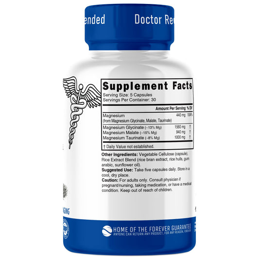 Close-up of Nutri Triple Magnesium Complex bottle label and capsules