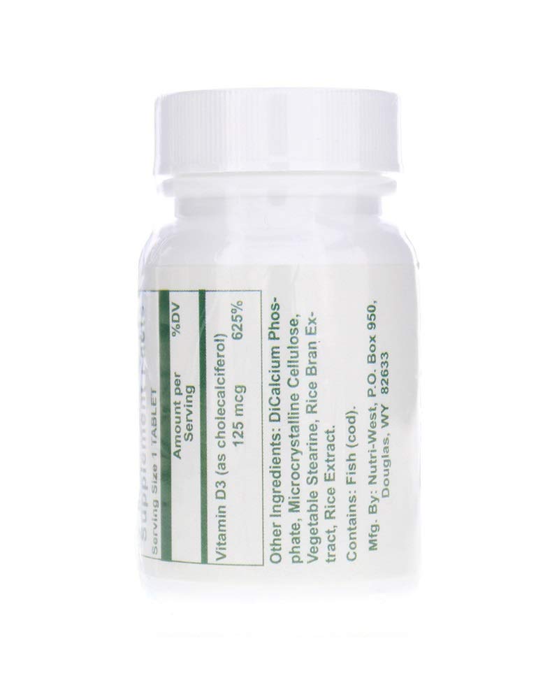 Close-up of Nutri-West Hi D-3 Vitamin D3 5000 IU bottle and label