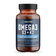 Nutri11 Omega-3 with D3, K2 & Astaxanthin bottle and capsules – front view