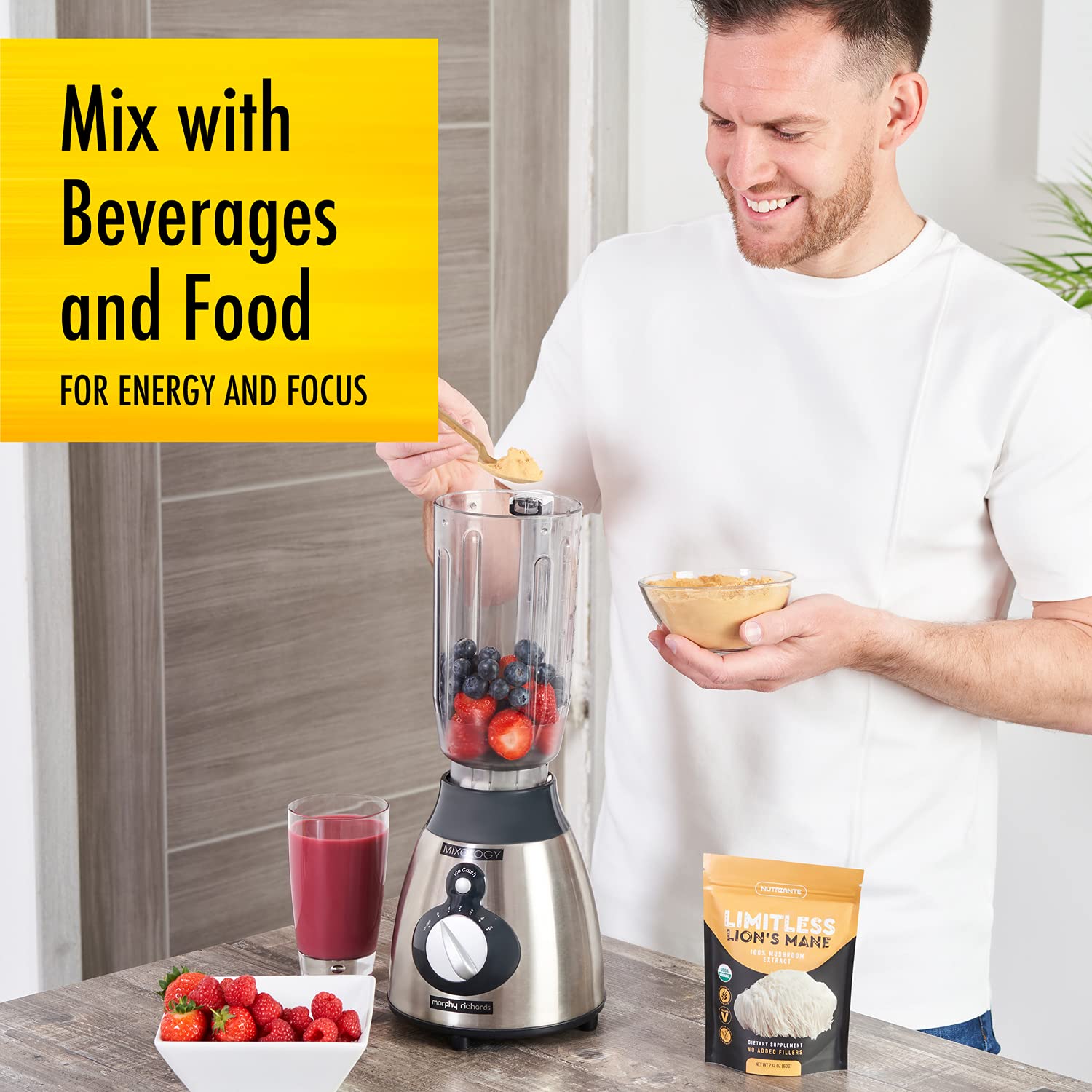 Powder being added to smoothies and beverages