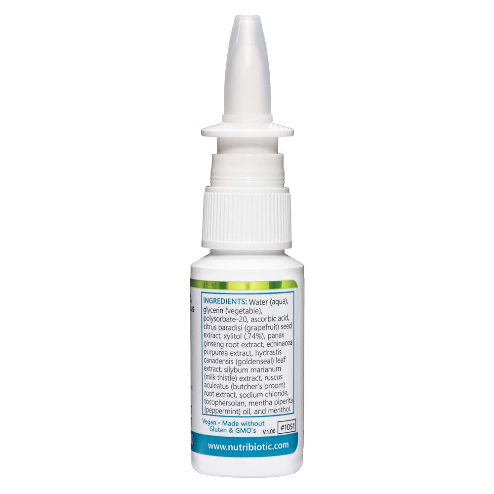 NutriBiotic nasal spray label closeup—vegan, drug-free formula, gluten-free.