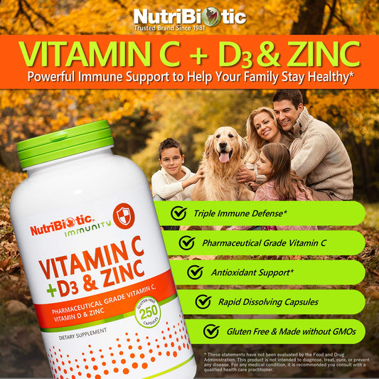 Close-up of NutriBiotic Vitamin C + D3 & Zinc bottle