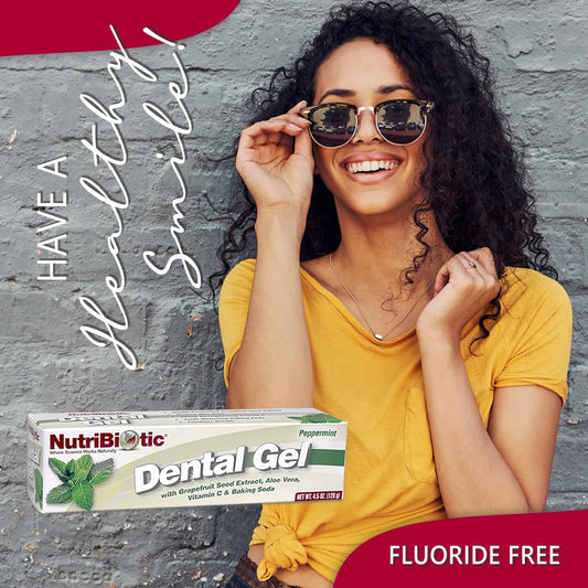 Close-up of NutriBiotic dental gel ingredients: grapefruit seed extract, aloe, vitamin C and baking soda