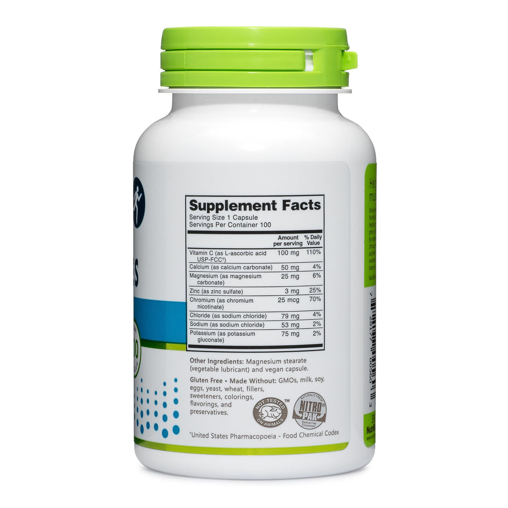 Label showing 100 count capsules on NutriBiotic Electrolytes bottle