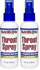 NutriBiotic throat spray bottle showing GSE for soothing throat support.
