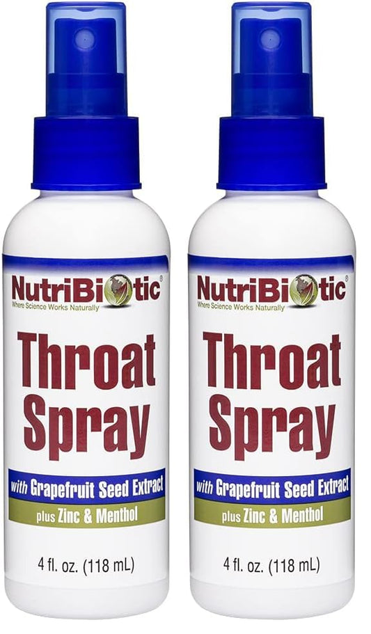 NutriBiotic throat spray bottle showing GSE for soothing throat support.