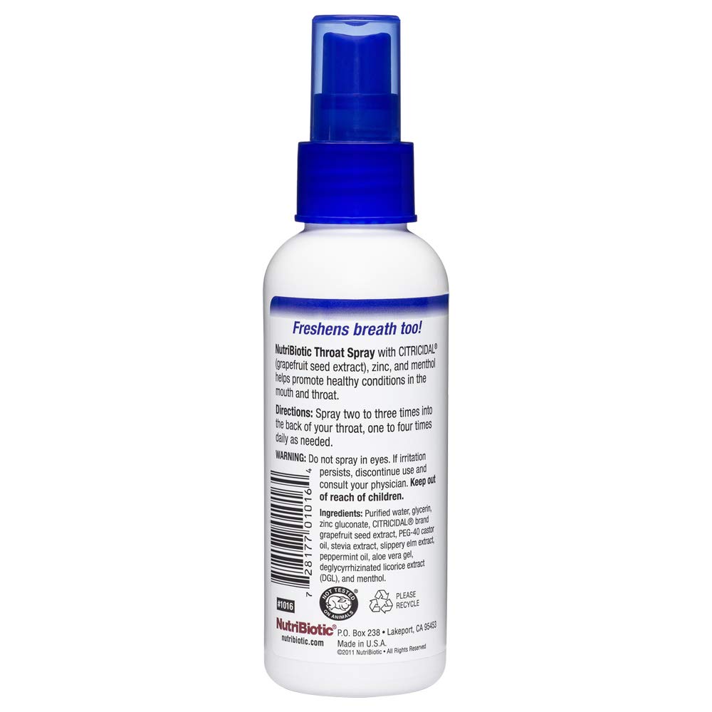 NutriBiotic throat spray menthol drops for fresh breath and cooling relief.