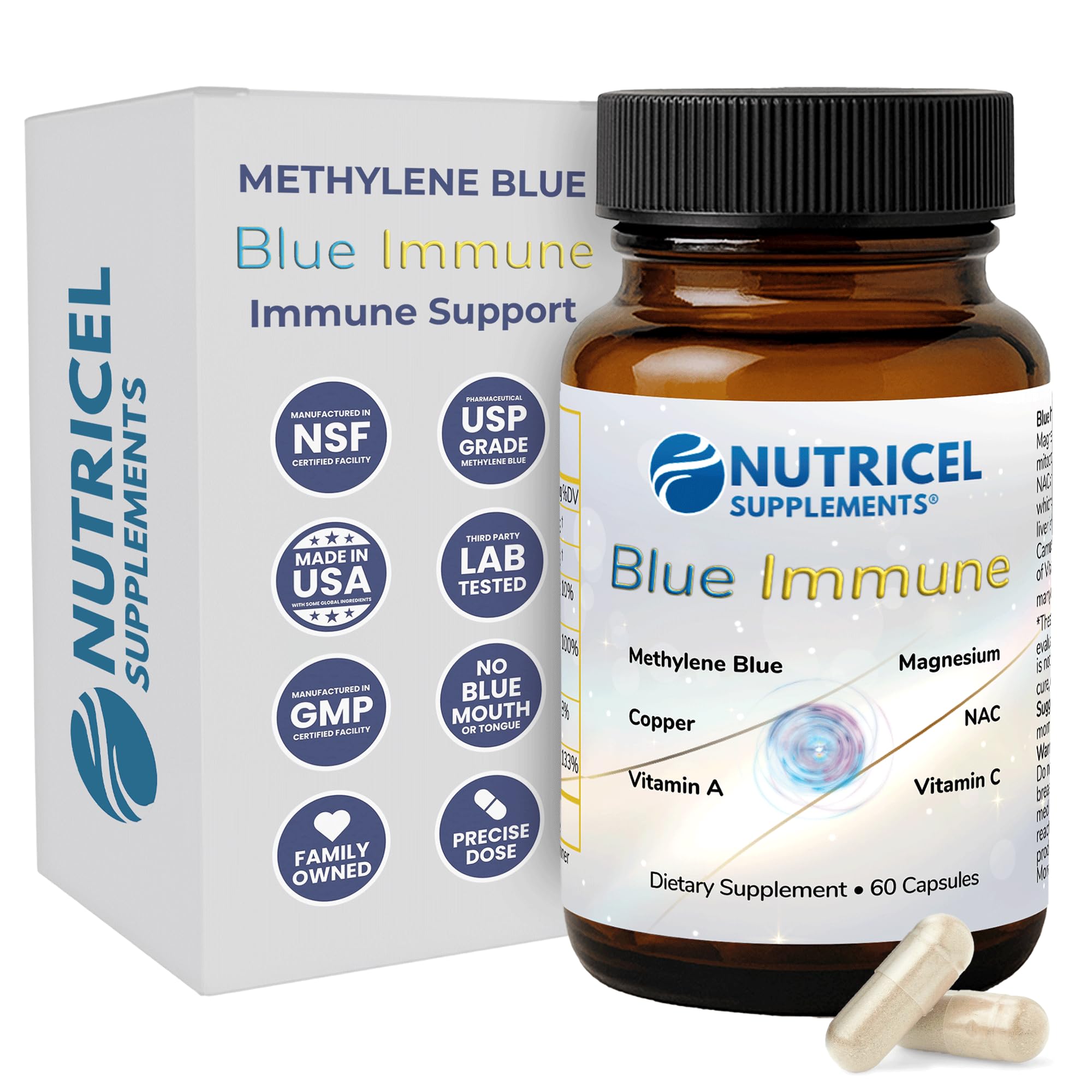 Nutricel Methylene Blue capsules bottle front – 60 count