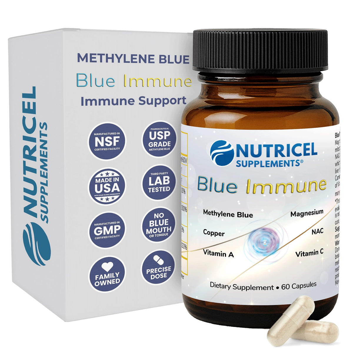 Nutricel Methylene Blue capsules bottle front – 60 count