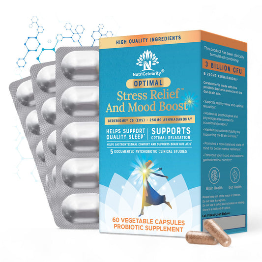 Nutricelebrity Optimal Stress Relief supplement bottle front view on white background