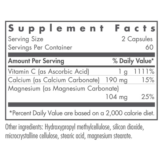 Close-up of Buffered Vitamin C capsules showing calcium and magnesium