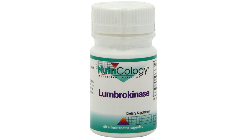Front view of Nutricology Lumbrokinase supplement bottle with capsules