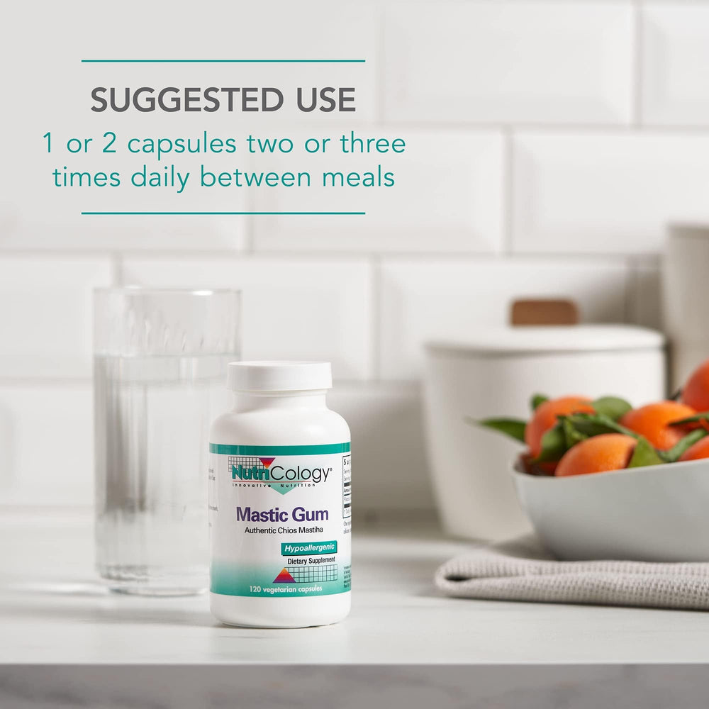 Nutricology mastic gum ingredients panel highlighting allergen-free formula