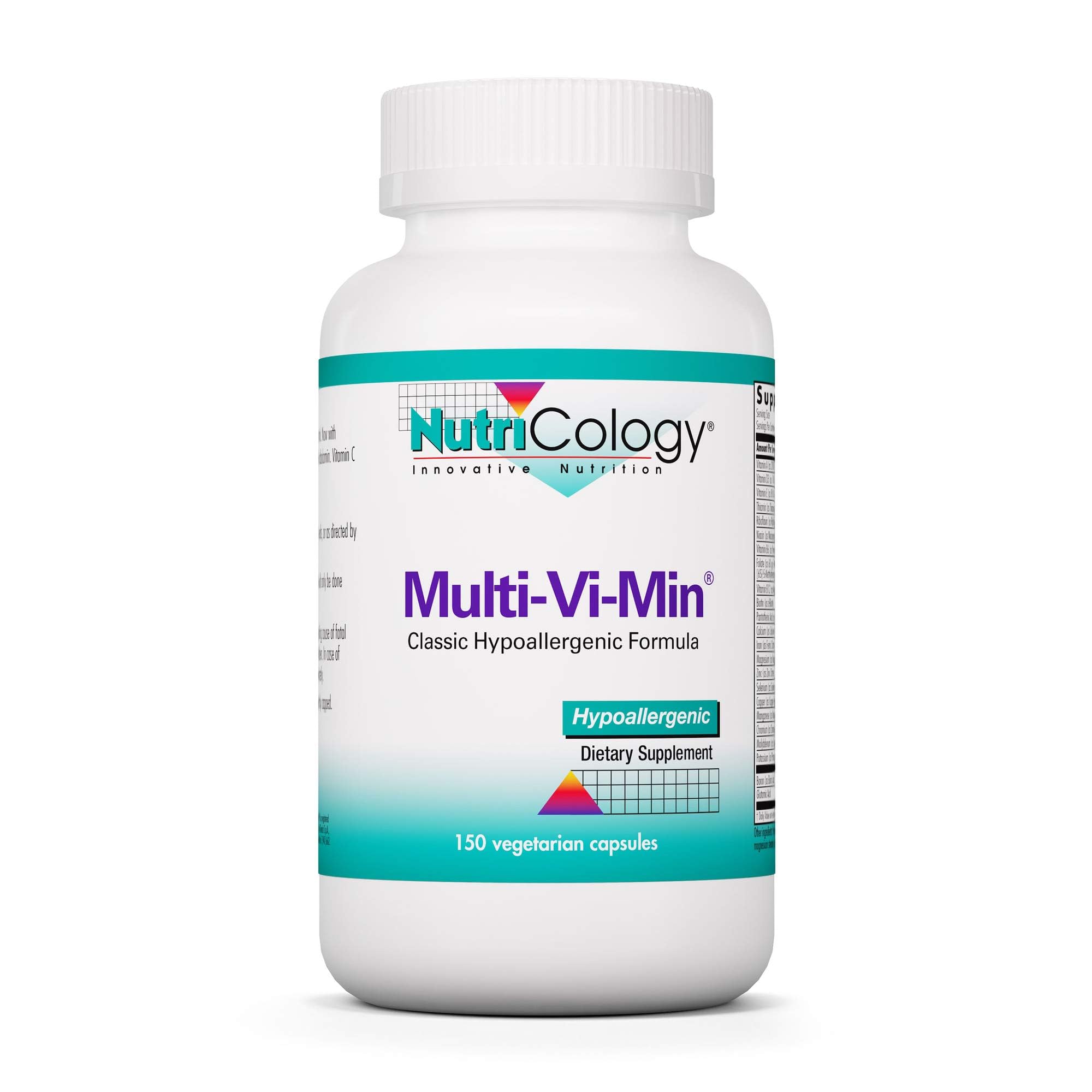 Front view of Nutricology Multi-Vi-Min bottle showing label