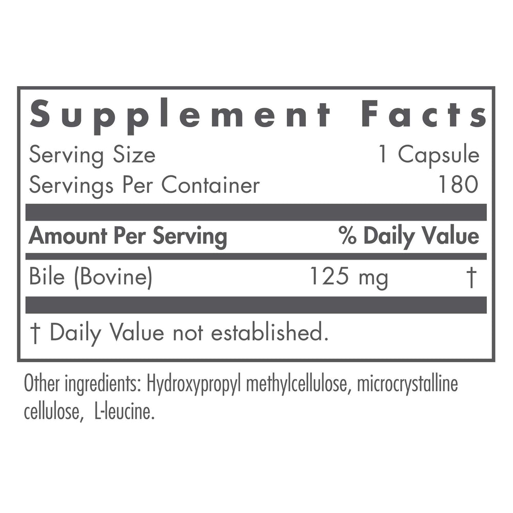 Ox Bile 125 mg bottle with 180-count packaging