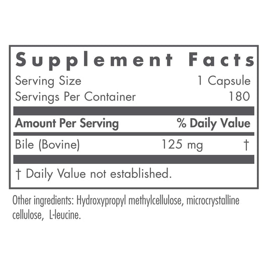 Ox Bile 125 mg bottle with 180-count packaging