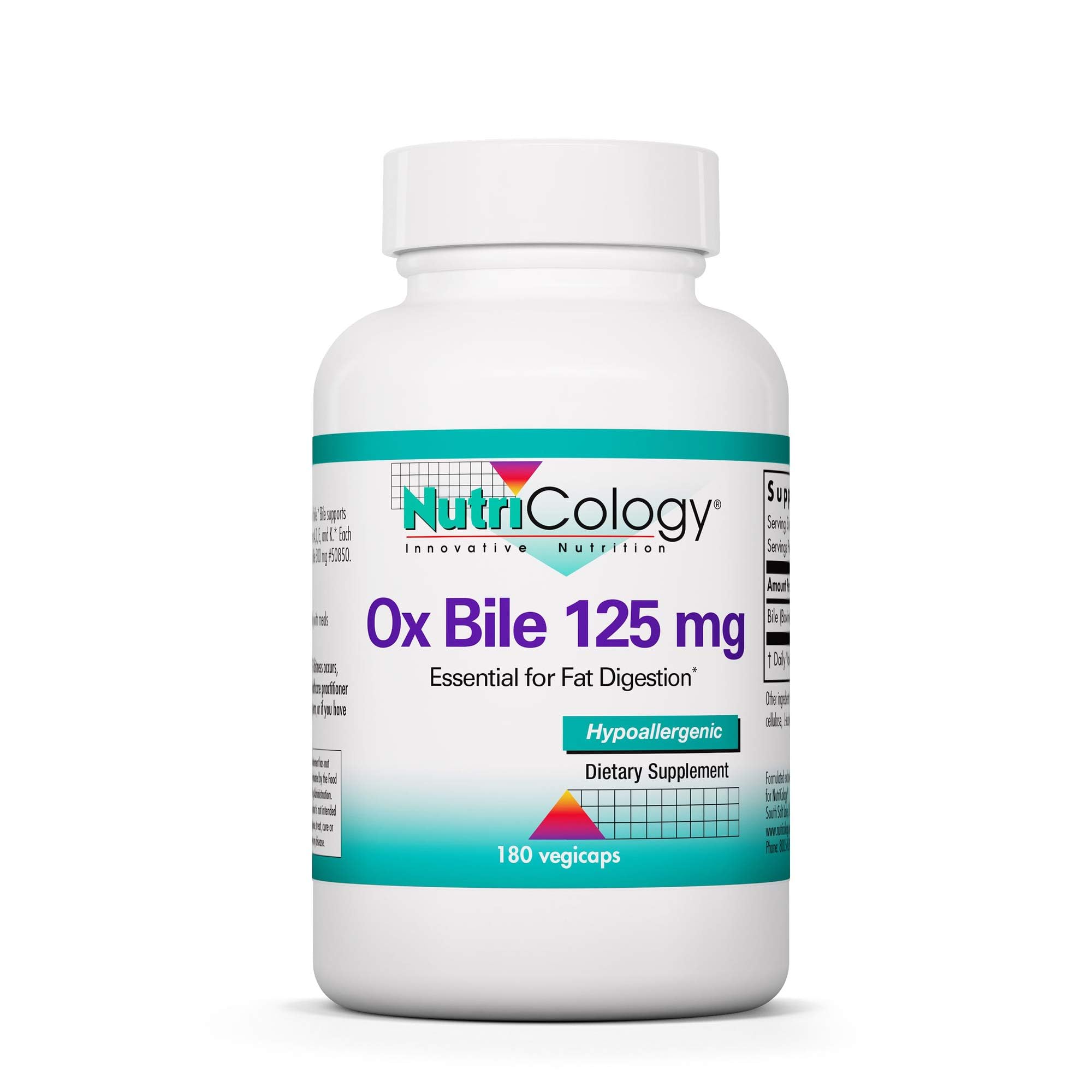 Nutricology Ox Bile 125mg bottle front view supports fat digestion and liver balance.