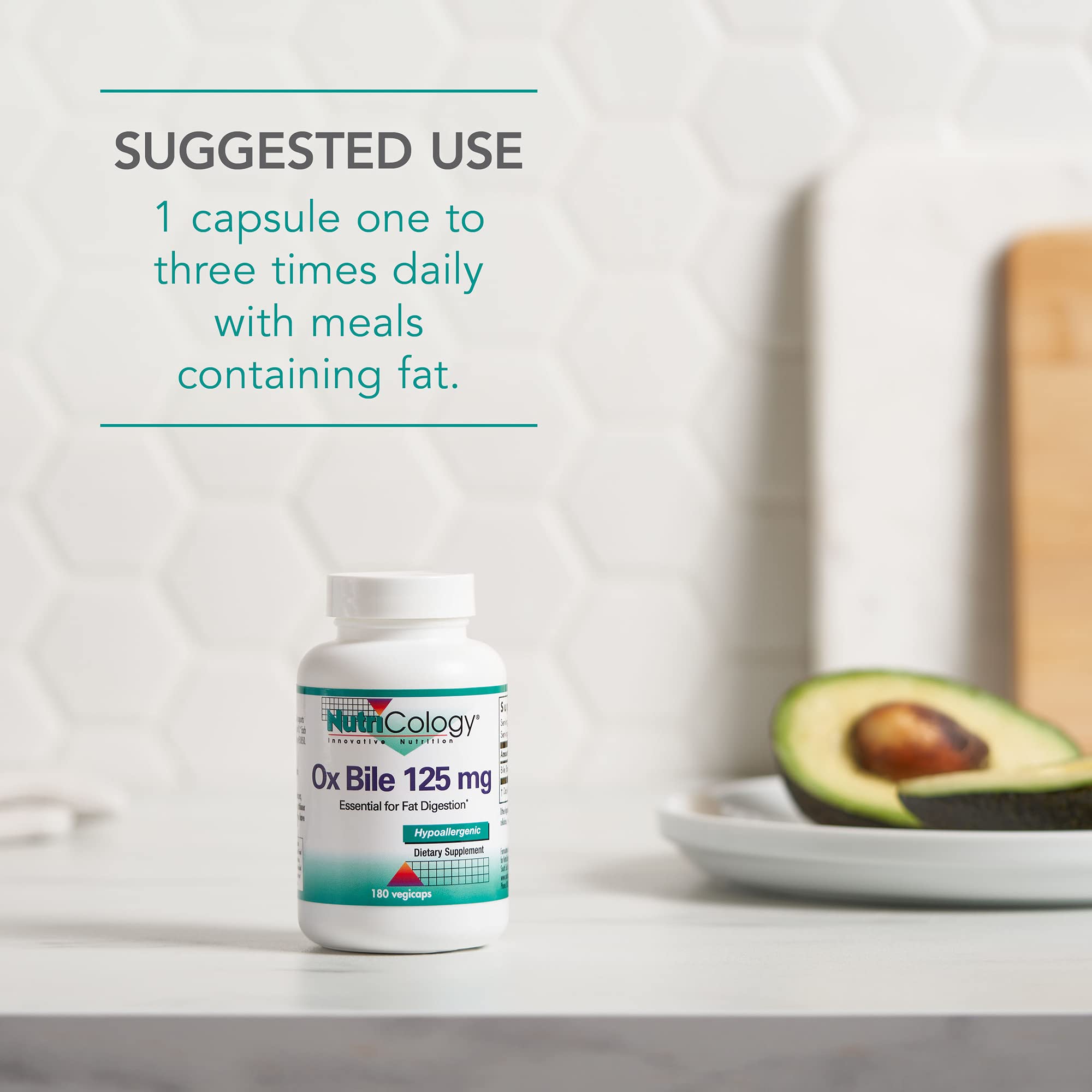 Nutricology Ox Bile vegcaps presentation implies easy-to-take digestive enzyme aid.