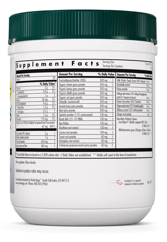 Nutricology ProGreens 265 g ingredients label