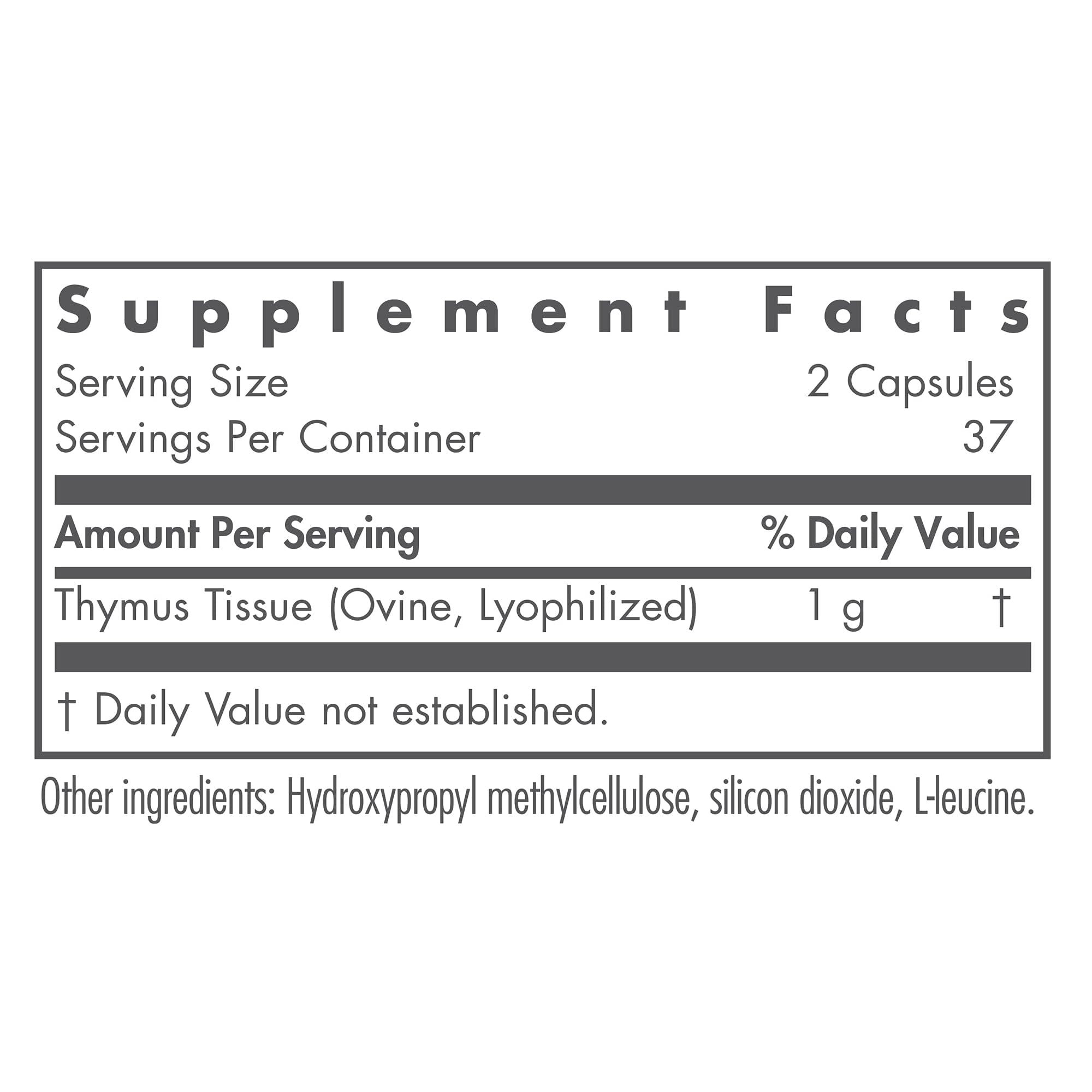 Close-up of product label showing 1000mg thymus glandular