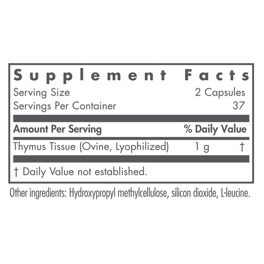Close-up of product label showing 1000mg thymus glandular