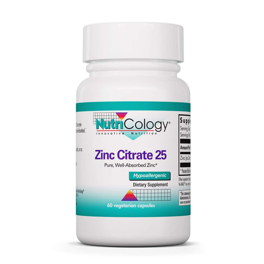Nutricology Zinc Citrate supplement label on bottle (60 count)